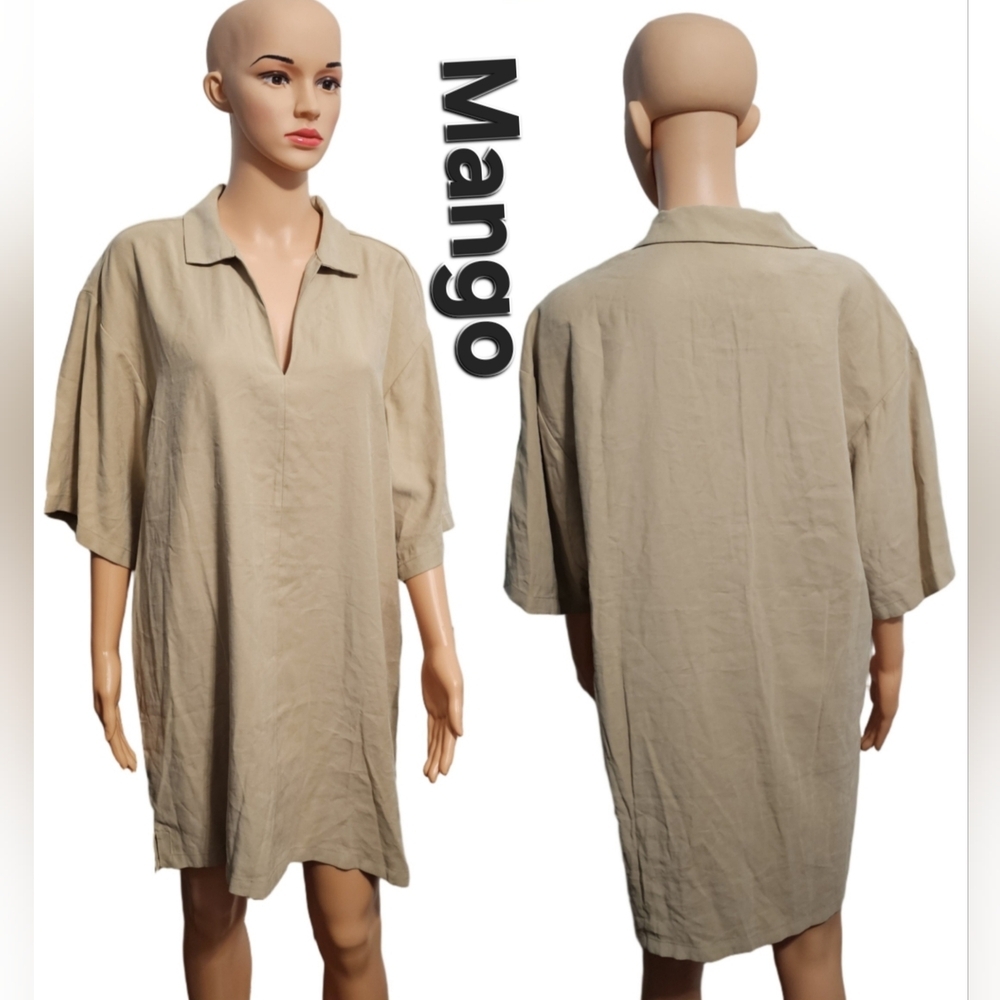Mango Women's Beige V-Neck Lagenlook Minimalist Shirt Dress Sz 4 Oversized